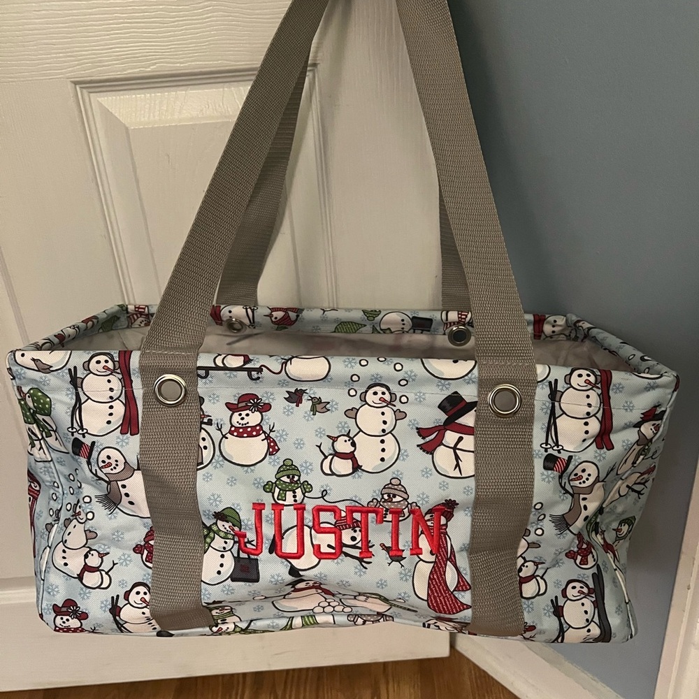 Thirty-one medium utility tote. Embroidered with JUSTIN in red thread EUC